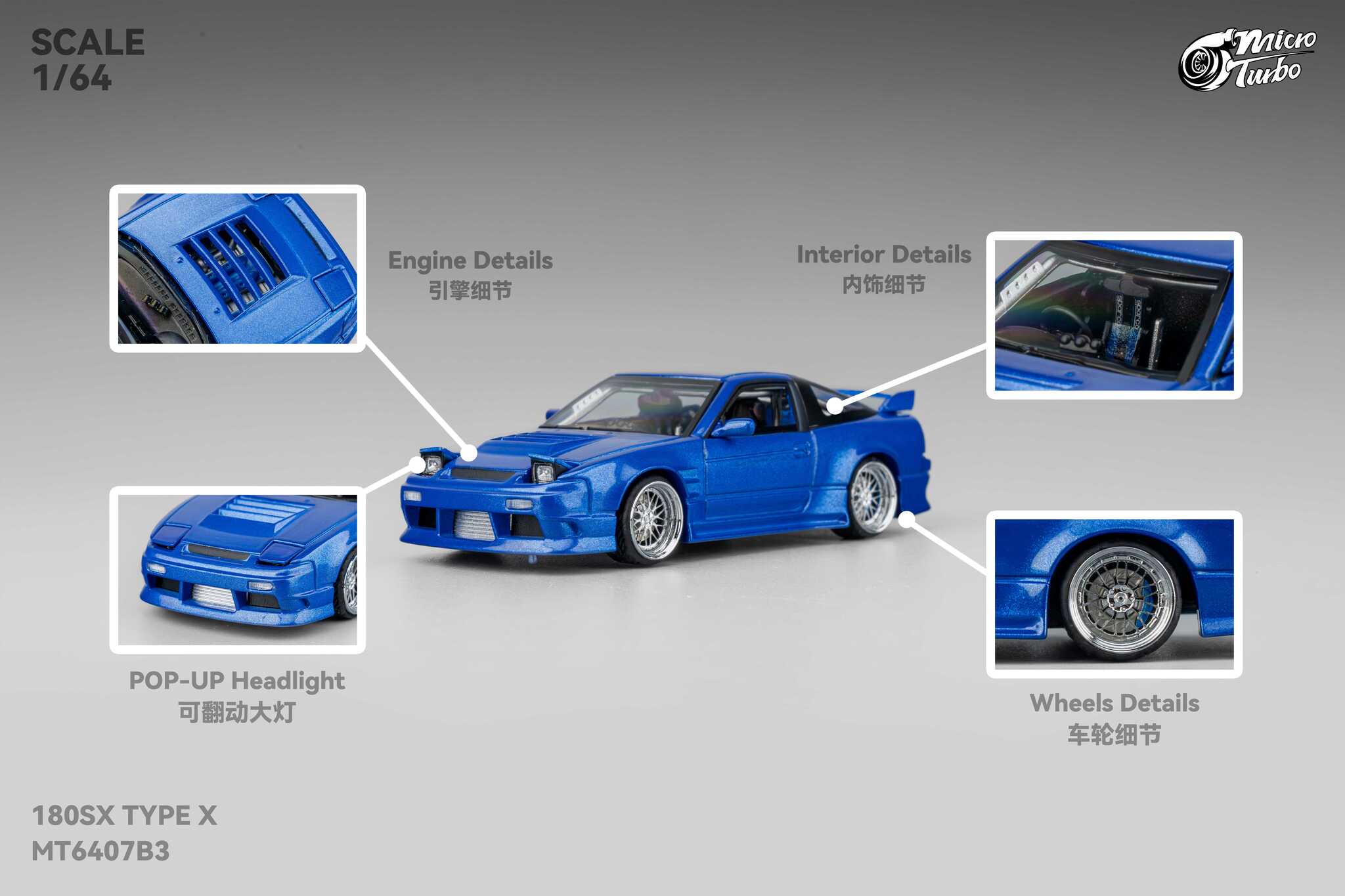 Nissan 180SX Type X Metallic Blue Micro Turbo 1/64 scale – Hanz Driven