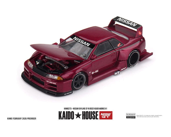 Nissan Skyline GT-R R32 Kaido Works V1 Burgandy Red Kaido House Mini GT 1/64 scale