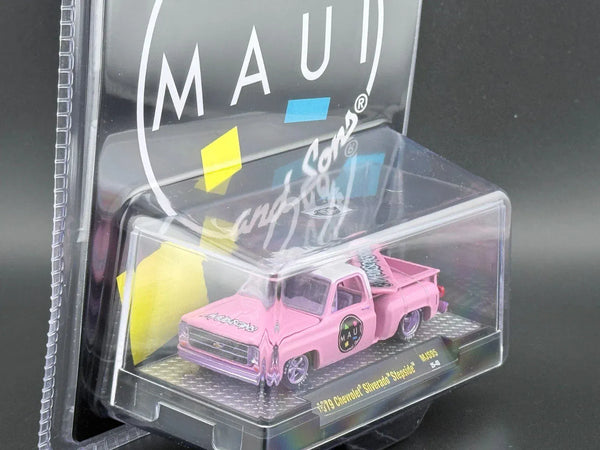 Chase 1979 Chevrolet Silverado Stepside with Surfboard Maui & Son Pink MiJo Exclusives Limited Edition