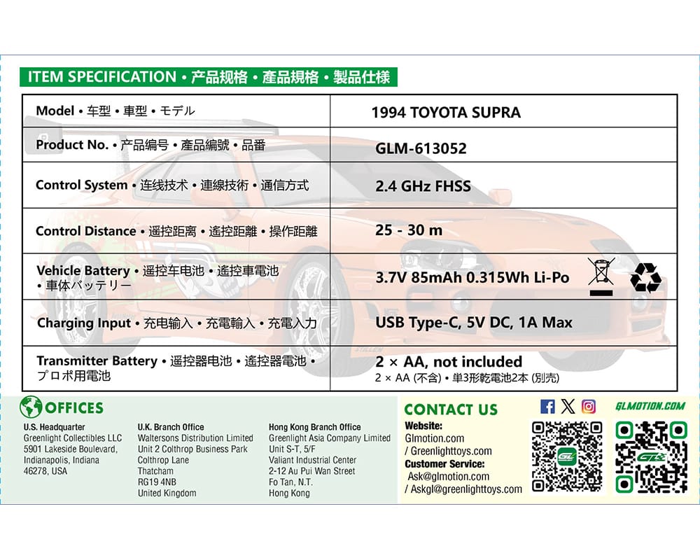 Toyota Supra Fast & Furious RC 1/64 | Hanz Driven GLM-613052